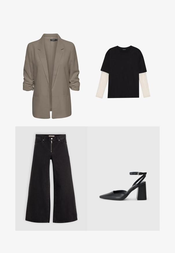 Beige loose-fitting blazer, made of smooth fabric, features rolled sleeves, two side pockets, and a notched lapel design.; Black T-shirt made of cotton, featuring short sleeves over a white long-sleeve layer with a subtle textured pattern. Crew neckline design.; Wide-leg jeans in black denim with a zippered front, five-pocket design, and subtle stitching details. Smooth texture and casual style.; Black leather pointy-toe pump with an ankle strap and a chunky heel. Flat texture, sleek design, and minimalistic aesthetics.