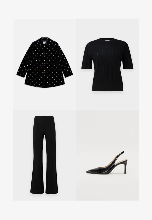 Juodas aksominis paltas su mažomis rožių užuominomis, apvaliu apykakle, priekiniais mygtukais ir dviem priekinėmis kišenėmis.; Filippa K BRAID - Džemperis - black; Juodos plačios kelnės su aukštu liemeniu, pagamintos iš tamprios medžiagos. Priekinėje dalyje yra vertikalūs siūlų akcentai ir lygus paviršius.; Juodas lakinės odos slingback batelis su smailiu nosiu, plonu kulnu ir subtiliu išpjovos dizainu. Yra auksinė sagtis ant dirželio.