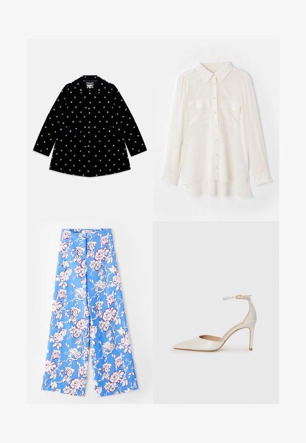 Črn žametni plašč z majhnimi rožnatimi motivi, okroglo ovratnikom, sprednjimi gumbi in dvema sprednjima žepoma.; Bela srajca s kratkimi rokavi iz lahkega blaga. Ima klasičen ovratnik, dva žepa na prsih in nekoliko daljši zadnji rob.; Modri cvetlični hlače z rožnatim vzorcem v pastelnih odtenkih. Tkanina je gladka, s sproščenim krojem, širokimi hlačnicami in elastičnim pasom.; Bela usnjena čevlja na visoki peti z ozkim prstom, trakom okoli gležnja in tanko stiletto peto. Gladka tekstura z rahlim sijočim finišem.