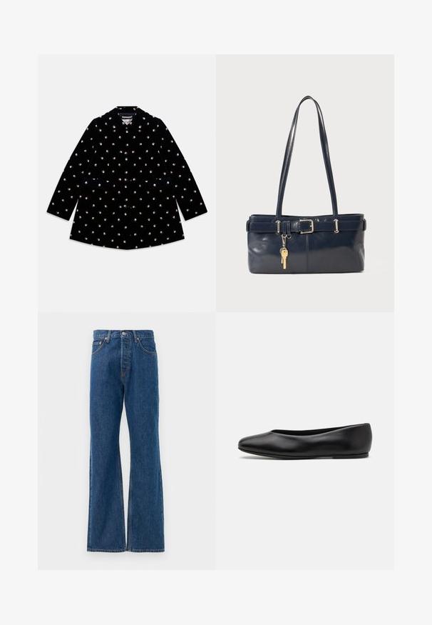 Schwarzer Samtmantel mit kleinen Rosenmustern, rundem Kragen, vorderen Knöpfen und zwei Vordertaschen.; Gestreifte Bluse mit weißem Grund, versehen mit schmalen, mehrfarbigen Linien in Blau, Orange und Grün. Lange Ärmel und klassischer Kragen.; Blaue, ausgestellte Jeans aus Denim mit hoher Taille, fünf Taschen, silbernem Knopfverschluss und sichtbaren Nähten.; Paul Smith TOPANGA - Klassischer Ballerina - black; Marineblaue Lederhandtasche mit zwei langen Griffen, einer Schnallen-Detailierung und einem daran befestigten Schlüsselanhänger. Besitzt eine glatte Textur und eine rechteckige Form.