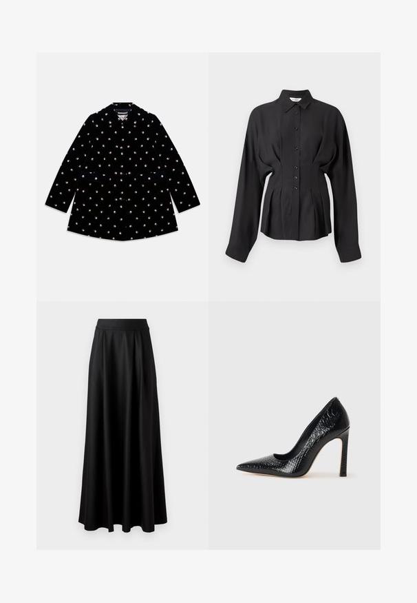Crni baršunasti kaput s malim uzorcima ruža, zaobljenim ovratnikom, prednjim gumbima i dva prednja džepa.; Crna košulja dugih rukava od glatkog materijala, s kopčanjem sprijeda, zakrivljenim rubom i naborima u struku za prilagođeni kroj.; Crna suknja do poda s glatkom teksturom, širokim pojasom i nabranim dizajnom, bez vidljivih uzoraka ili ukrašavanja.; Crne visoke potpetice s oštrim prstima, od teksture krokodilske kože, elegantnog dizajna, visoke stiletto potpetice i glatkog crnog unutrašnjosti.