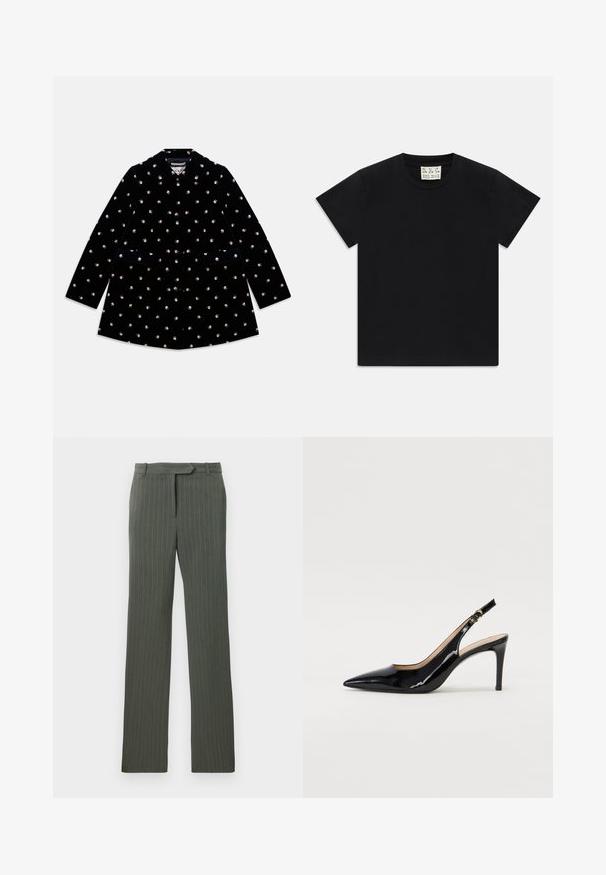 Schwarzer Samtmantel mit kleinen Rosenmustern, rundem Kragen, vorderen Knöpfen und zwei Vordertaschen.; Schwarzes Kurzarm-T-Shirt mit Rundhalsausschnitt und einem weißen Etikett im Kragen, darauf steht "D.R.C. EST. 2002", vor einem weißen Hintergrund.; Dunkelgraue, taillierte Hose mit Nadelstreifen, Gürtelschlaufen und geradem Bein, flach auf einem weißen Hintergrund ausgelegt.; Schwarz lackierte Slingback-Pumps mit spitzem Zehenbereich, schlankem Absatz und einem subtilen Ausschnittdesign. Verfügt über eine goldene Schnalle am Riemen.