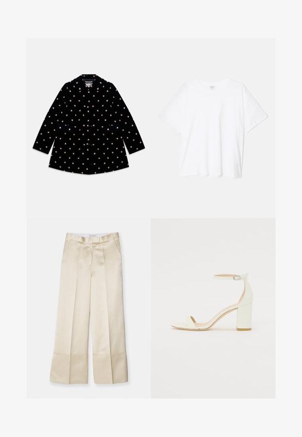 Schwarzer Samtmantel mit kleinen Rosenmustern, rundem Kragen, vorderen Knöpfen und zwei Vordertaschen.; Weißes Baumwoll-T-Shirt mit kurzen Ärmeln, runder Halslinie, lockerer Passform und genähtem Saum. Etikett sichtbar am inneren Kragen.; Beige weite Hose aus glattem Stoff mit hohem Bund, gepunkteter Vorderseite und umgeschlagenem Saum, ausgestattet mit seitlichen Taschen und sauberem Finish.; Weißes Leder-Sandale mit Blockabsatz, die ein Knöchelriemen mit einer Schnalle und ein minimalistisches Design aufweist. Offene Zehen und glatte Texturen im gesamten Design.