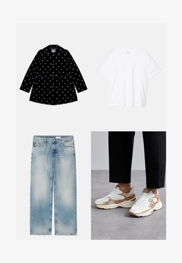 Čierny zamatový kabát s malými vzormi ruží, okrúhlym golierom, prednými gombíkmi a dvoma prednými vreckami.; Biely bavlnený tričko s krátkymi rukávmi, okrúhlym výstrihom, voľným strihom a prešitým lemom. Štítok viditeľný na vnútornom krku.; Svetlomodré džínsy s širokými nohavicami a vyblednutým dizajnom, päť vreciek a zapínanie na gombík. Priamy strih s roztrhnutým lemom.; Biele tenisky so zlatými akcentmi, sieťovinovým vrchom a štruktúrovaným dizajnom; obsahujú logo a polstrovaný golier pre pohodlie.