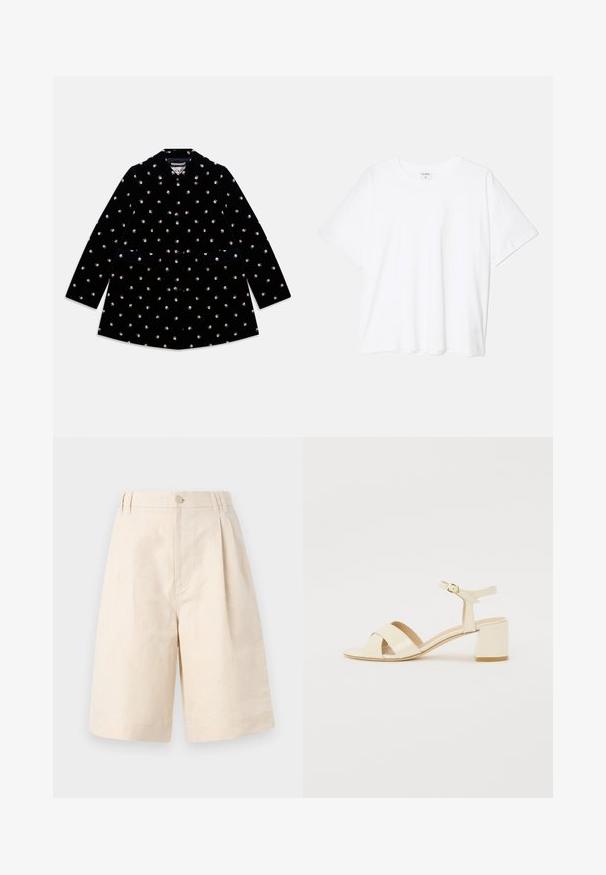 Must musta mantel väikeste roosimustritega, ümar krae, ees nupud ja kaks eesmist taskut.; Valge puuvillane T-särk lühikeste varrukatega, ümmargune kaelus, mugav lõige ja õmmeldud serv. Silt nähtav kaela seest.; Beezid linane lühikesed püksid, millel on mugav lõige, nupuga sulgemine, volditud disain ja kuni põlve ulatuv lõige. Sile tekstuur ja lihtne stiil.; Beež patentnahast kontsaga sandaalid, millel on risti rihmad, avatud varvas, reguleeritav pahkluu riba ja plokk-konts. Sile tekstuur.