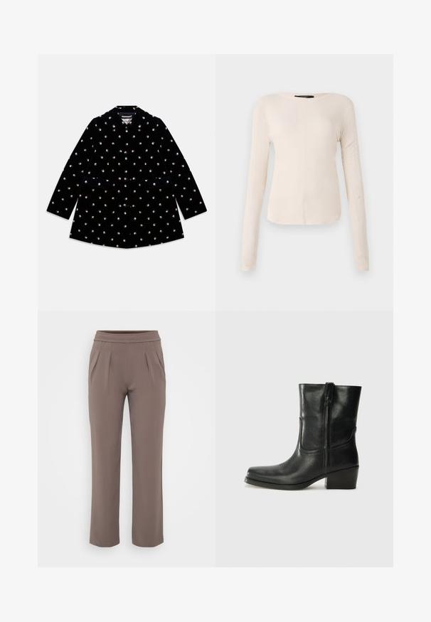 Schwarzer Samtmantel mit kleinen Rosenmustern, rundem Kragen, vorderen Knöpfen und zwei Vordertaschen.; Langärmliges, hellbeiges Oberteil mit rundem Ausschnitt. Aus weichem Stoff gefertigt, verfügt es über eine zentrale Naht und einen leicht geschwungenen Saum. Keine sichtbaren Beschläge.; Taupe-lockere Hose mit elastischem Bund und vorderen Falten, gefertigt aus glattem Stoff.; Schwarze Leder-Ankle Boots mit runder Zehenform, Blockabsatz, seitlichem Reißverschluss und gestickten Akzenten auf dem Blatt. Glatte Textur, klassisches Design.