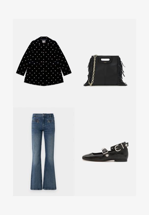 Melna samta mētelis ar maziem rozā rakstiem, noapaļots apkakle, priekšējie pogas un divas priekšējās kabatas.; Jūras spēku ribots polo krekls ar norādītu apkakli, īsām piedurknēm un divām priekšējām kabatām ar pogām; uzsvērts ar baltām šuvēm.; Izliekta zila džinsa bikses ar vidēju jostasvietu, ar priekšējām un aizmugurējām kabatām un vieglu izbalējušu toņu.; Melnas laika patenta ādas dzīvokļu kurpes ar kvadrātu purngalu, potītes siksna ar sudraba furnitūru un platu zoli. Gluda tekstūra ar minimālu dizainu.; Melna ādas rokassoma ar frizūras detaļām, zelta ķēdes plecu siksnu un izgrieztu rokturi. Ir logotipa novietojums priekšpusē.