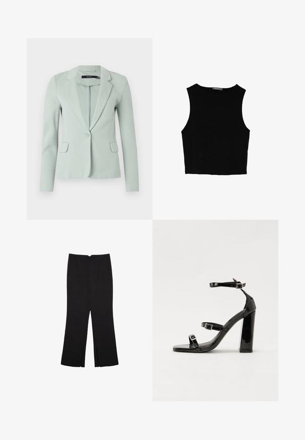 Lys grøn blazer lavet af glat stof, med slagkrave, enkelt knaplukning og to frontlommer. Lange ærmer.; Sort ærmeløs crop top lavet af glat stof, med rund hals og et rent, enkelt design uden mønstre eller hardware.; Sorte bukser med lige pasform, der har frontlommer og slidser i kanten. Lavet af blødt, glat stof. Velegnet til forskellige anledninger.; Sorte patenterede hælsandaler med firkantet tå, ankelremme og sølvspænder. Har en chunky blokHæl for stabilitet.