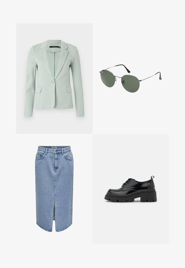 Lichtgroene blazer van soepel materiaal, met een gelapte revers, enkele knoopsluiting en twee voorzakken. Lange mouwen.; Zwarte geribbelde crop tanktop met een ronde halslijn en mouwloos ontwerp. Gemaakt van zachte, rekbare stof, met een nette afgeronde rand.; Lichtblauwe denim rok met een rechte snit, een voorpnie, vijf zakken en een rits met knoopsluiting.; Zwarte gepatineerde leren schoenen met een chunky platformzool en dikke veters. Ronde neus, minimale details en een kleine hieltab aan de achterkant.; Metalen zonnebril met ovale groene lenzen. Dunne zilveren metalen rand en zwarte oorstoppers. Minimalistisch ontwerp, zonder zichtbare logo's.
