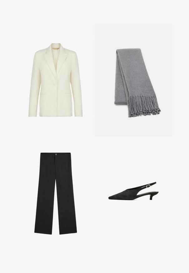 Ljus krämfärgad blazer med ribbad textur, enkel knap stängning, spetsiga slag och två framfickor. Klassisk skräddarsydd design.; Svart långärmad T-shirt i bomull med rundad halsringning och en slät yta. Minimalistisk design utan mönster eller accenter.; Svarta vida byxor i lätt material, med knappstängning, utan synliga mönster och en slät, enfärgad textur.; Svarta mocka slingback-skor med spetsig tå, en måttlig klack och ett tunt ankelband med en silvrig spänne. Slät textur totalt.; Grå ullscarf med en mjuk textur, med fransade kanter och en enkel design. Fint vikt, vilket visar dess avlånga form.