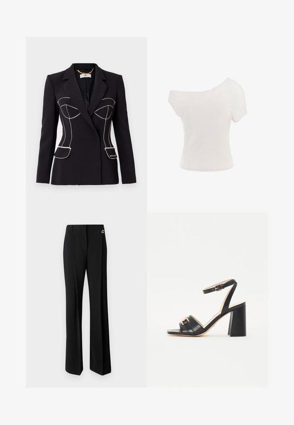 Musta räätälöity bleiseri valkoisella pipingilla, jossa on rakenteellinen vartalon muotoilu, kaksi etutaskua ja tarra oikeassa taskussa.; Valkoinen off-the-shoulder-paita, joka on valmistettu pehmeästä, kevyestä kankaasta. Lyhyet hihat, istuva muoto ja rullasaumadetaili. Suora pinta.; Mustat leveälahkeiset housut, joissa on sileä kangas, räätälöity muotoilu ja kultaiset varusteet vyötäröllä.; Mustat korkokengät, jotka on valmistettu sileästä nahasta ja joissa on neliömäinen kärki, nilkkanyöri ja kullanvärinen yksityiskohta edessä.