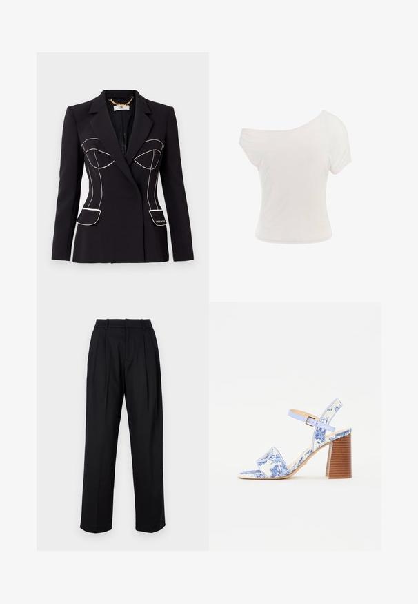 Mustvalge ülikondjakke valge äärega, millel on struktureeritud kehaosa, kaks eesmist taskut ja silt paremal taskul.; Valge õlgadelt avatud t-särk, mis on valmistatud pehmest ja kerge kangast. Lühikesed varrukad, keha lähedane lõige ja kokkuveeritud äärte detail. Sile tekstuur.; Mustad püksid elegantse lõikega, kõrge talje, voldid ja sirge jalgade lõikega. Valmistatud siledast kangast ühtlases värvitoonis.; Sinine lillemustriga sandaal ruudukujulise varbaga, laia riba ja reguleeritava pahkluu rihmaga, millel on tekstuuriga puidust plokk-kann.