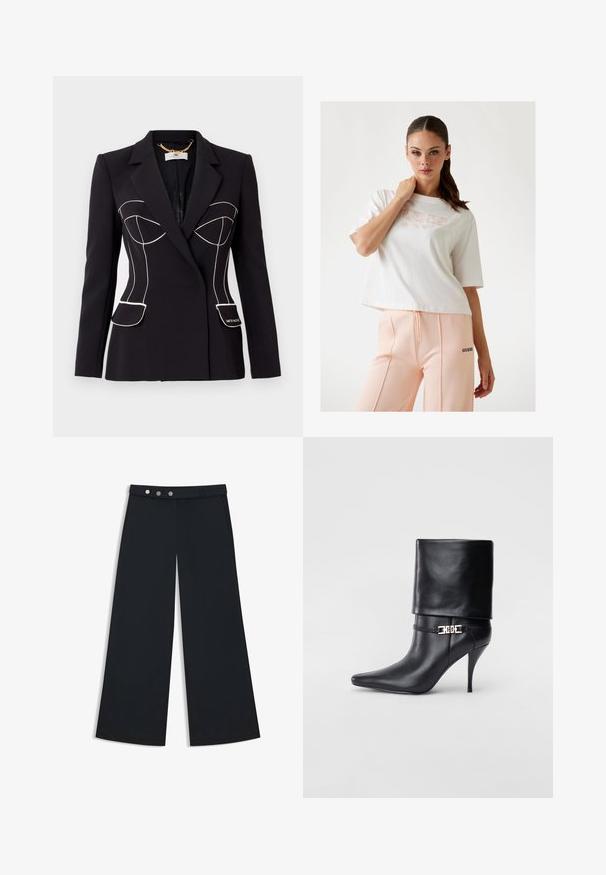 Musta räätälöity bleiseri valkoisella pipingilla, jossa on rakenteellinen vartalon muotoilu, kaksi etutaskua ja tarra oikeassa taskussa.; Valkoinen lyhythihainen t-paita, jossa on vaaleanpunainen "GUESS" -logo, yhdistettynä persikan värisiin verkkareihin, joissa on musta logo sivussa. Tasainen puuvillakangas.; Mustat leveälahkeiset housut, joissa on sileä pinta, tasainen vyötärö, kaksoispainike suljenta ja sivutaskut.; Musta nahkasaapas nilkkapituudella, teräväkärkinen, korkea stiletto-korko, käännettävä varsi ja kultainen koristeellinen solki nilkassa.