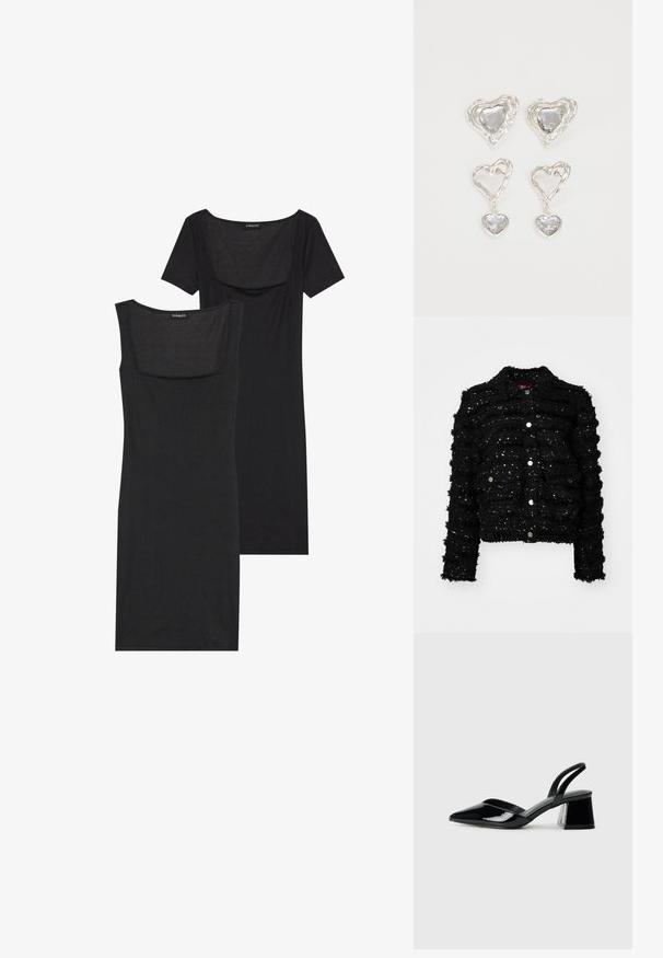 Black jacket with textured fabric featuring raised stripes and silver sequins. It has a collared neck and button closure at the front.; Black bodycon dress with a square neckline, short sleeves, and ribbed texture. Two variations: light black and deeper black shades shown.; Black patent leather slingback heels with a pointed toe and a geometric block heel. Features a sleek, minimal design and smooth texture.; Silver heart-shaped earrings feature faceted clear stones, with a textured frame. The set includes stud and drop styles.