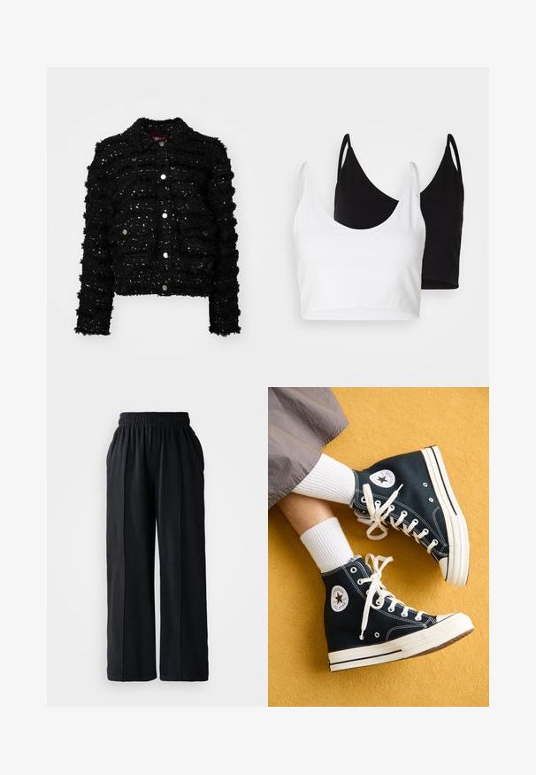 Melna jakas ar teksturētu audumu, kas ir rotāta ar izcilām svītrām un sudraba paildām. Tai ir apkakle un pogu aizdare priekšā.; Divi kokvilnas topi baltā un melnā krāsā. Katram ir dziļa kakla izgriezuma forma un plānas plecu siksnas, ar gludu, mīkstu tekstūru.; Melnas platās bikses ar elastīgu jostu, izgatavotas no mīksta auduma, ar gludu faktūru un skaidrām dizaina līnijām.; Melnas augstpēdu kanvas sporta kedas ar baltām auklām un gumijas zolemi, ar apaļu Converse All Star logo ārējā pusē.