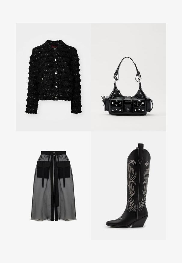 Svart jacka med textilerad väv som har upphöjda ränder och silverpaljetter. Den har krage och knappknäppning framtill.; Svart långärmad topp gjord av genomskinligt tyg, med rund halsringning, knappstängning framtill och scallopade kanter vid ärmarna.; Svart genomskinlig kjol med en rynkad midja, utrustad med två stora framfickor, ett midjesnöre och en cirkulär metallaccent.; Svarta lädercowboystövlar med spetsiga tår, kilklackar och silverbroderade blommönster längs skaftet. Kontraststickning genom hela stöveln.; Svart läderhandväska med en kurvad design, prydd med silverfärgade nitar, ett spänne och två sidofickor. Justerbar rem för olika bäralternativ.