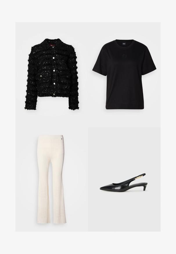 Melna jakas ar teksturētu audumu, kas ir rotāta ar izcilām svītrām un sudraba paildām. Tai ir apkakle un pogu aizdare priekšā.; Melna kokvilnas T-krekls ar apaļu izgriezumu, īsām piedurknēm un izšūtu logotipu uz krūtīm. Vienkāršs, brīvs piegriezums bez rakstiem.; Ribota, krēmkrāsas adīta bikses ar vaļīgām kājām un teksturētu mežģīņu rakstu apakšējā malā. Mīksts materiāls ar pieguļošu jostasvīru.; Melnas ādas slingback zābaki ar smailu purngalu, ar šauru papēdi un zelta krāsas akcentu uz regulējama siksniņas. Gluda tekstūra.