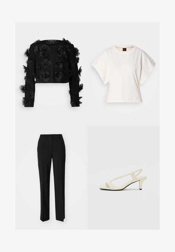 Custommade GENIEVE - Blazer - meteorite; T-shirt blanc cintré, manches courtes et larges, en coton doux, décolleté rond avec une discrète bordure orange, design minimaliste, sans motifs ni graphiques.; Pantalon noir ajusté avec une coupe droite, présentant une texture lisse et des plis nets sur le devant. Aucune quincaillerie visible.; Sandales beiges à talons carrés avec des fines brides et un bout carré. Matière lisse avec des détails minimaux, conçues pour un port facile.
