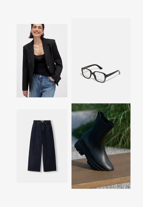 Schwarze Blazer mit strukturiertem Design, Ein-Knopf-Verschluss und scharfen Revers; kombiniert mit einem schwarzen transparenten Oberteil und blauen, ausgewaschenen Jeans.; Hellbraunes Denim-Hemd mit langen Ärmeln, spitzem Kragen, zwei Fronttaschen und silbernen Druckknöpfen. Verfügt über einen lässigen Schnitt und strapazierfähige Textur.; Dunkelblaue, weite Jeans mit hoher Taille, fünf Taschen, Kontrastnähten und silbernem Metallzubehör. Glatte Textur und saubere Verarbeitung.; Schwarzer Leder-Stiefelette mit klobiger Sohle, die auf einer Holzoberfläche im Freien vor grünem Hintergrund steht.; Schwarze rechteckige Brille mit klaren Gläsern, abgerundeten Kanten und seitlichen Akzenten, mit glänzender Oberfläche des Rahmens und der Bügel.