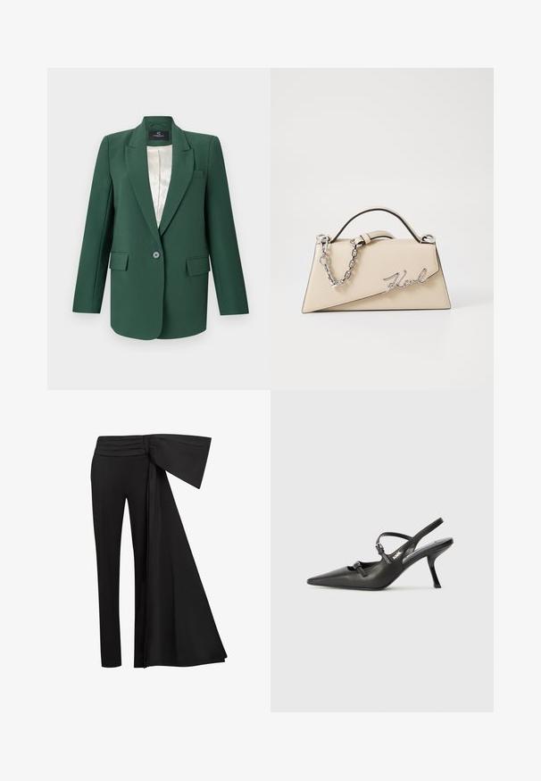 Grüner maßgeschneiderter Blazer mit Reverskragen, einem einzelnen Knopfverschluss, zwei vorderen Taschen und einem satinartigen Innenfutter. Glatte Stoffoberfläche.; Schwarzes crop-top mit hohem Kragen, das mit silbernen, glitzernden, vertikalen Linien, durchsichtigen Ärmeln und strukturiertem Stoff versehen ist.; Schwarze Hosen mit einem breiten, drapierten Taillendetail. Glattes Material, gerade Beinform und gefalteter Bund.; Schwarzlederne Slingback-Absätze mit spitzer Zehenform, schlankem Absatz und dekorativem Schnallendetail auf dem Blatt. Glatte Textur und elegantes Design.; Beige Leder-Handtasche mit einer strukturierten, dreieckigen Form, ausgestattet mit einem silbernen Kettenhenkel und einem geschwungenen Logo aus Metall.