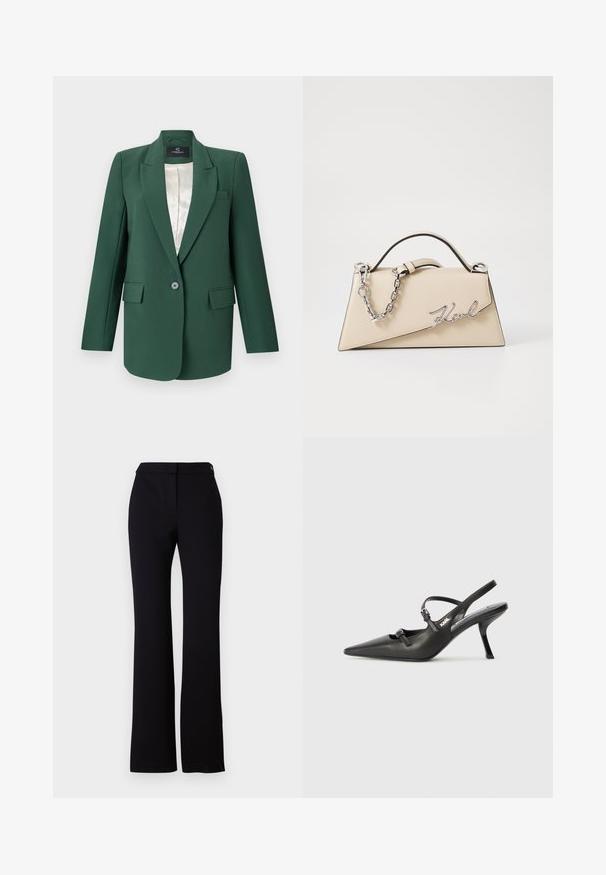 Žalias pritaikytas švarkas su įpjautomis apykaklėmis, vienu mygtuku užsegamas, dviem priekinėmis kišenėmis ir satino pamušalu. Lygus audinio paviršius.; Juodas trumpas viršus su aukštu kaklu, papuoštas sidabriniais blizgučiais vertikaliomis linijomis, permatomomis rankovėmis ir tekstūruotu audiniu.; Juodi kelnės, turinčios tiesų kirpimą, lygų paviršių ir juosmenį su viena mygtuko uždarymo sistema. Nėra matomų raštų ar akcentų.; Juodi odiniai slingback kulniukai su smailiu pirštu, siauru kulnu ir dekoratyvine sagtimi viršuje. Lygus paviršius ir elegantiškas dizainas.; Bežinė odinė rankinė su struktūrine trikampio forma, turinti sidabrinę grandinėlę ir metalinį bajorišką logotipą.