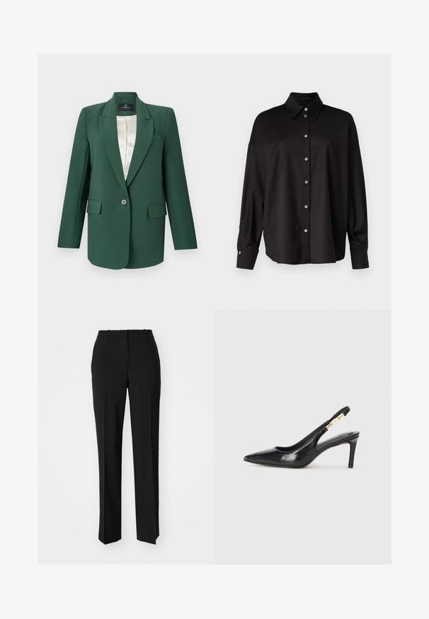 Zelený sak s presne strihaným strihom, s klopovými goliermi, jedným gombíkom, dvoma prednými vreckami a saténovou podšívkou. Hladká textúra látky.; DRYKORN LYSILA - Blúzka so zapínaním na gombíky - black; Čierne krajčírské nohavice so strihom rovného nohu, s hladkou textúrou a ostrými skladmi pozdĺž prednej časti. Žiadne viditeľné hardvér.; Čierna kožená lodička na podpätku so špicatou špičkou, hladkou textúrou a úzkym remienkom okolo členka s zlatými akcentmi.