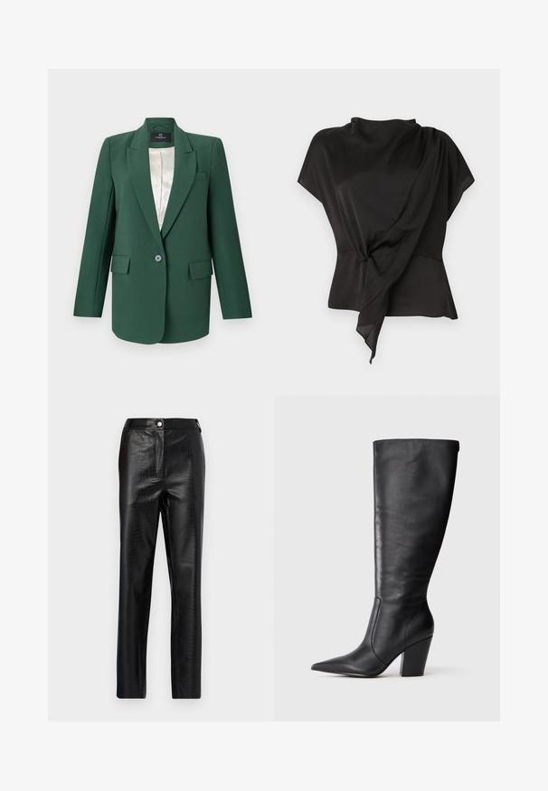 Zöld, formára szabott blézer, kis gombnyakkal, egysoros gombolás, két elülső zseb és selyem belső bélés. Simább anyag textúra.; Fekete blúz sima anyagból, drapírozott kialakítással, csomós részlet a deréknál és rövid ujjakkal.; Fekete műbőr nadrág, krokodil mintázattal, karcsú szabással és egyenes száraival, elöl gombos záródással és normál derékpánttal.; Fekete, térd fölé érő bőr boka csizma hegyes orral és vastag, magas sarokkal, bal oldalról profilból bemutatva fehér háttér előtt.