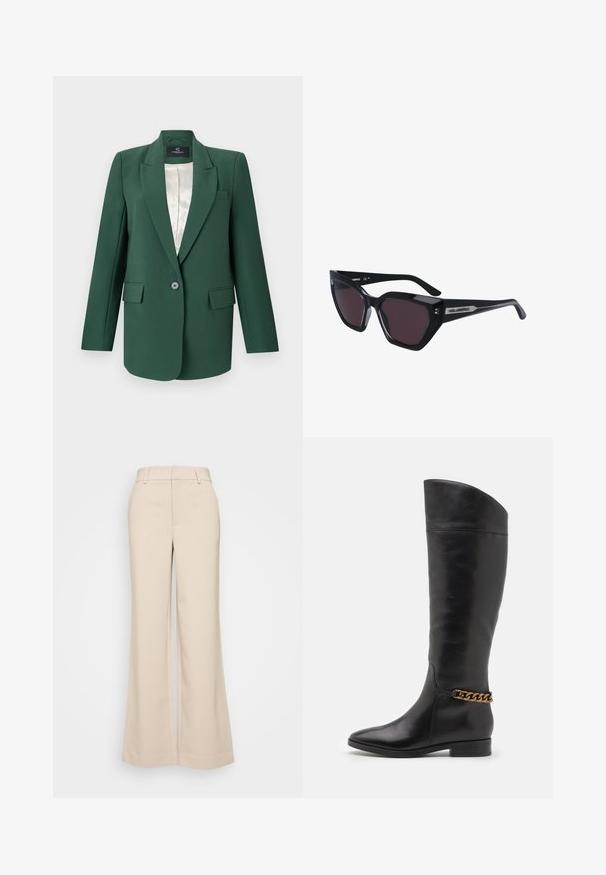 Green tailored blazer with notch lapels, single button closure, two front pockets, and a satin inner lining. Smooth fabric texture.; Black short-sleeve turtleneck top made of lightweight fabric with a smooth texture and a fitted shape, featuring a high neckline.; Beige wide-leg trousers with a smooth texture, featuring a high waistband and two front pockets. Clean design with a tailored fit.; Tall black leather boots with a sleek design, pointed toe, and a gold chain accent at the ankle. Low block heel. Smooth texture.; Black sunglasses with a cat-eye design, featuring dark lenses, a glossy finish, and subtle logo accents on the temples.; Silver hoop earrings with a smooth, shiny finish. Rounded shape, lightweight design, featuring a post-back closure.
