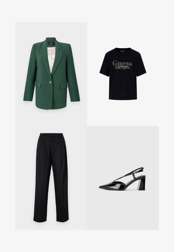 Groene op maat gemaakte blazer met notch-revers, een enkele knoopsluiting, twee voorzakken en een satijnen binnenvoering. Soepele stofstructuur.; Zwarte katoenen t-shirt met een ronde halslijn en korte mouwen. Beschikt over een glinsterend "Guess" logo en de tekst "Opgericht negentien eenentachtig".; Zwarte broek met een getailleerd ontwerp, met een hoge taille, plooien en een rechte pijp. Gemaakt van een gladde stof in een effen kleur.; Zwarte gepatineerde lederen slingback hakschoenen met een spitse neus, verstelbare band en stevige rechthoekige hak.