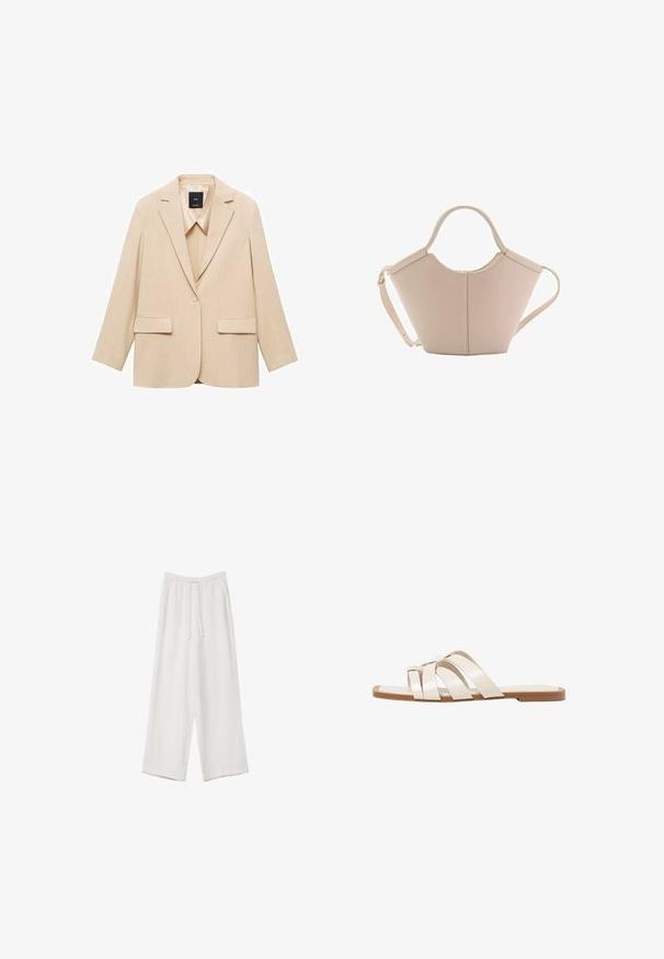 Beżowa marynarka w prążki z wyraźnie zarysowaną sylwetką, klapami w stylu notch, dwoma przednimi kieszeniami i pojedynczym zapięciem na guzik. Gładka tekstura materiału.; Jasnoszara cienka bluzka z krótkim rękawem i głębokim dekoltem w kształcie litery V, z czterema guzikami, wykonana z miękkiego materiału o gładkiej fakturze.; Białe spodnie o szerokich nogawkach wykonane z lekkiego materiału. Posiadają elastyczny pas z sznurkiem i boczne kieszenie. Gładka tekstura.; Płaskie sandały z brązową gumową podeszwą, zaprojektowane z trzema nakładającymi się na siebie białymi skórzanymi paskami i małym detalem w postaci kokardy na środku.; Beżowa skórzana torebka o unikalnym kształcie, z dwoma krótkimi uchwytami i długim, regulowanym paskiem. Gładka tekstura z minimalną ilością elementów metalowych.