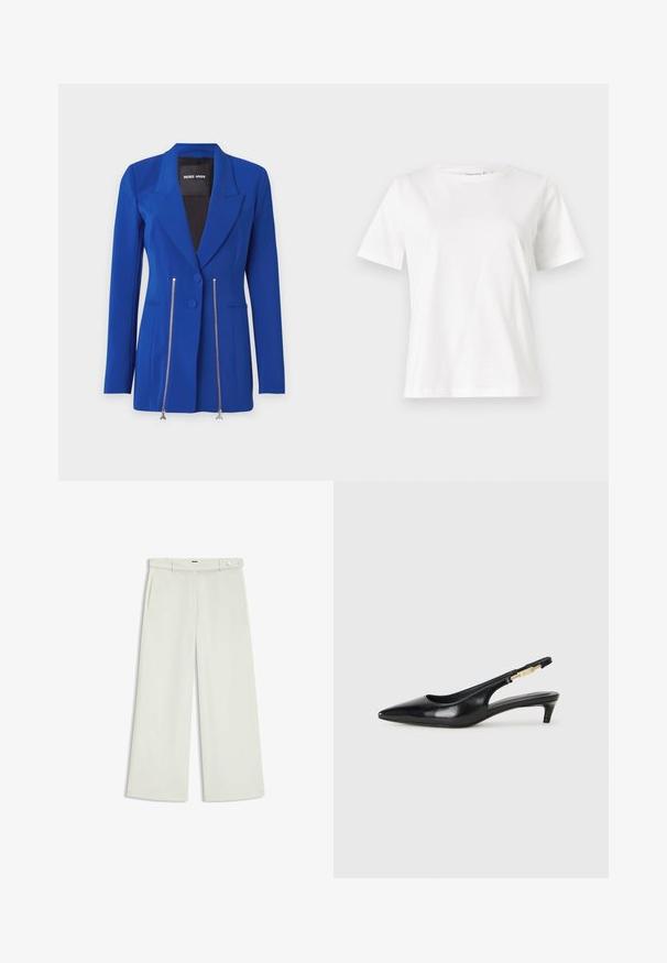 Jasnoniebieska marynarka o strukturalnym fasonie, z podwójnym zapięciem na guziki i srebrnymi zamkami z przodu. Gładki materiał z długimi rękawami.; Biała bawełniana koszulka z krótkim rękawem, okrągłym dekoltem i luźnym krojem. Gładka tekstura, brak wzorów lub dodatków, minimalistyczny design.; Spodnie szerokie w jasnym kremowym kolorze, z bocznymi kieszeniami, płaskim przodem i pojedynczym zapięciem na guzik w talii. Gładka faktura.; Czarne skórzane szpilki typu slingback z ostrym noskiem, posiadające smukły obcas i złoty akcent na regulowanym pasku. Gładka tekstura.