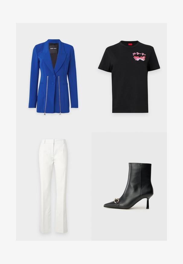 Ryškiai mėlynas švarkas su struktūrizuotu dizainu, dvigubos mygtukų uždarymu ir sidabrinėmis užtrauktukais priekyje. Lygus audinys su ilgomis rankovėmis.; Juodas medvilnės marškinėliai su trumpomis rankovėmis, kuriuose kairėje krūtinės pusėje pavaizduoti rožiniai akinių grafiką ir tekstas "Ne tavo mergina".; Baltos pritaikytos kelnės su platėjančiomis apačiomis, turinčios priekinius raukšles ir lygų paviršių, pagamintos iš lengvos medžiagos.; Juodas odinis apavas iki kulkšnies su smailiu nosiu, plonu vidutinio aukščio kulnu ir sidabriniu sagties akcentu šone, prieš paprastą foną.