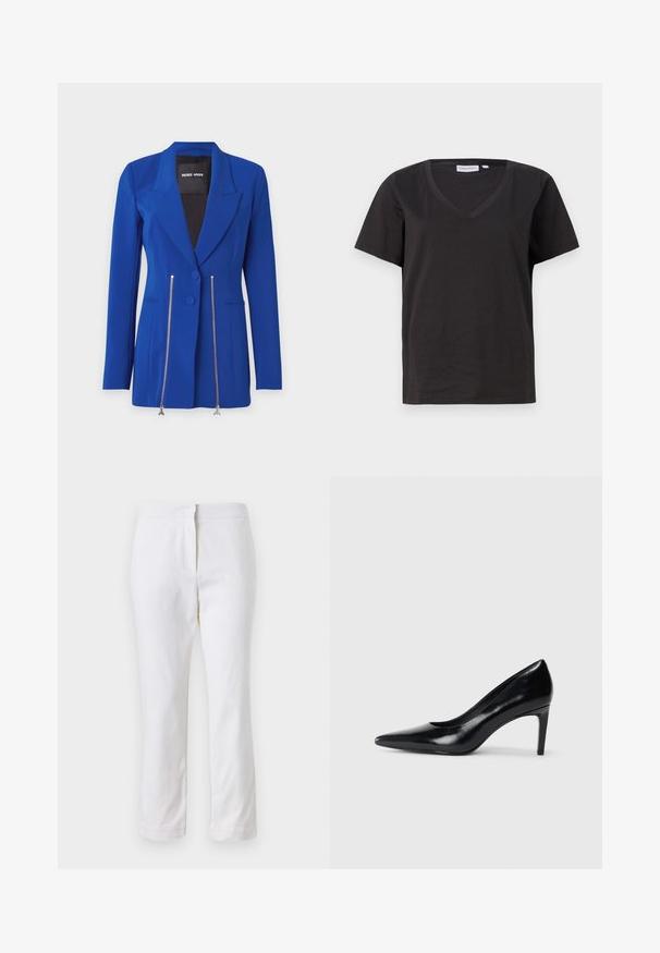 Bright blue blazer featuring a structured design, double-button closure, and silver zippers at the front. Smooth fabric with long sleeves.; Black cotton T-shirt with a V-neck and short sleeves. Simple design with a regular fit and no patterns or accents.; White cotton pants with a straight leg design, featuring a mid-rise waist and no visible hardware or patterns. Smooth texture throughout.; Black leather high heel shoe with a pointed toe, smooth texture, and a tapered heel. Minimalist design, no additional embellishments.