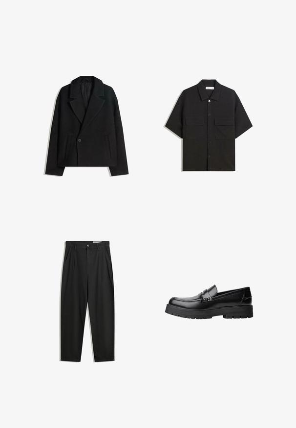 Svart ullblandning dubbelknäppt kappa med strukturerade slag, två sidofickor och en enda knappstängning. Mjuk, texturerad tyg.; Svart kortärmad skjorta i tyg med en slät yta, har två framfickor, en klassisk krage och knäppning med knappar.; Svarta bomullsshorts med avslappnad passform, med en klassisk midja, framveck och sidfickor. Slät textur utan mönster.; Svart läderloafer med kraftig mönstrad sula och dekorativ rem över framtill, visad i vänster sidoprofil på vit bakgrund.