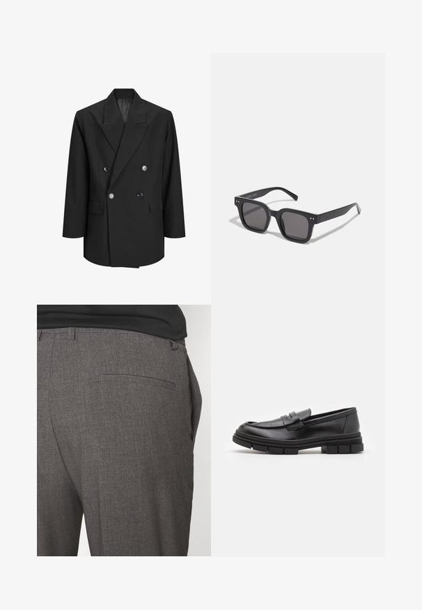 Schwarzer doppelt-knöpfbarer Blazer aus strukturiertem Stoff mit Spitzrevers, zwei vorderen Taschen und großen runden Knöpfen.; Schwarzer Rollkragenpullover aus weichem Strickmaterial. Mit langen Ärmeln, geripptem Kragen und Saum. Schlichtes, elegantes Design ohne Muster.; Graue maßgeschneiderte Hose mit glatter Textur, ausgestattet mit einer einzigen hinteren Tasche und einem schlanken Schnitt. Der Stoff hat ein dezentes Muster.; Schwarze Lederloafer mit glatter Oberfläche, ausgestattet mit einem vorderen Riemendetail und einer klobigen Gummisohle mit gerippten Akzenten.; Schwarze rechteckige Sonnenbrillen mit dunklen Gläsern, die einen dicken Rahmen, subtile Akzente an den Seiten und keine sichtbaren Logos außer dem Markennamen aufweisen.; Leichte beiger Canvas-Umhängetasche mit zwei robusten Griffen, kontrastierendem weißen Besatz und dem Logo "THE NORTH FACE" in Schwarz an der Vorderseite.