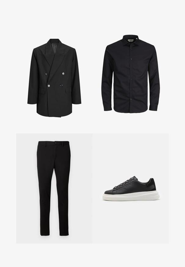 Juodas dvigubas švarkas, pagamintas iš tekstūruoto audinio, su pikto apykakle, dviem priekinėmis kišenėmis ir dideliais apvaliais mygtukais.; Juodas ilgomis rankovėmis marškiniai su mygtukais, pagaminti iš medvilnės, su smailiu apykakle, priekiniais mygtukais ir klasikinio kirpimo. Lygi tekstūra, be rašto.; Juodi siauri kelnės su dirželių kilpomis, priekyje esančiu mygtuku ir užtrauktuku, rodomos ant vientiso šviesaus fono.; Juodos odinės sportbačiai su balta guma padanga, su plokščiomis raiščiais ir firminiais skylutėmis. Minkšta tekstūra su kontrastingu šonu akcentu.