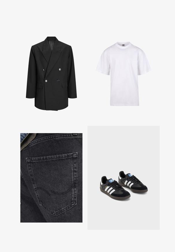 Zwarte dubbelgeknoopte blazer van textuurstof met een spitse revers, twee voorzakken en grote ronde knopen.; Witte katoenen t-shirt met een ronde hals, korte mouwen en een relaxte pasvorm. Heeft een eenvoudig ontwerp zonder patronen of accenten.; Zwarte denim jeans met een achterzak en subtiele stikdetails. De textuur is iets versleten met een zachte, vervaagde afwerking.; Zwarte sneakers met een bovenwerk van suède en synthetisch materiaal, voorzien van drie witte strepen, een gestructureerde rubberen zool en een blauw logo-label op de tong.