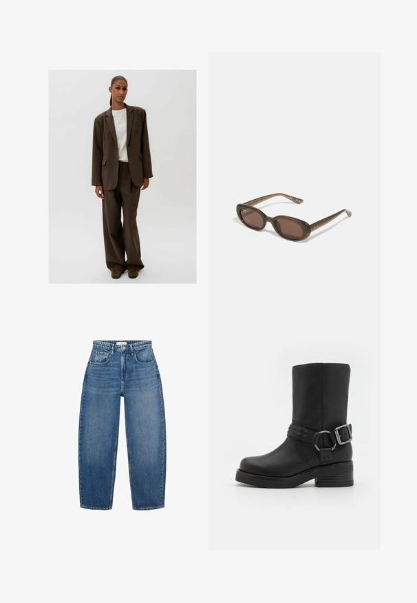 Brun skräddarsydd kostym med en dubbelknäppt kavaj och vida byxor, matchad med en enkel vit skjorta. Slitstarkt tyg, strukturerad design.; Brun långärmad polo t-shirt med horisontella vita ränder, en kontrasterande vit krage och en treknappslå. Mjuk tygkvalitet.; Högmidjade blå denimjeans med rak bendesign, utrustade med fem fickor, bälteshällor och subtila blekningar för extra textur.; Svart läderankelsko med rund tå, tjock klack och ett dekorativt spänne runt vristen. Strukturert yta.; Bruna ovala solglasögon med mörka linser. Bågen har ett transparent brunt material och har en logotyp tryckt på stängerna.