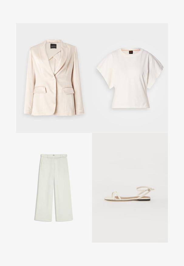Blazer in lino beige con revers a punta, due tasche frontali e chiusura con un solo bottone, con una superficie liscia e un design su misura.; T-shirt bianca cropped, maniche corte e larghe, tessuto di cotone morbido, scollatura rotonda con bordino arancione sottile, design minimale, senza motivi o grafiche.; Pantaloni a gamba larga in tessuto crema chiaro, dotati di tasche laterali, frontale liscio e chiusura a un bottone in vita. Texture morbida.; Sandali piatti in pelle crema con sottili cinturini incrociati, cinturino alla caviglia con fibbia, design minimalista e suola nera a contrasto.
