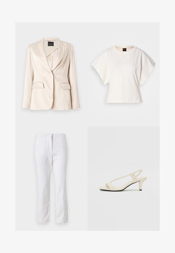 Beige len vászon zakó, melynek csúcsos hajtónálkái, két elülső zsebe és egy gombos zárása van, sima textúrájával és testreszabott kialakításával.; Fehér, rövid, bő ujjú, crop szabású póló, puha pamut anyagból, kerek nyakkivágással, finom narancssárga díszítéssel, minimalista dizájn, minta vagy grafika nélkül.; Fehér pamut nadrág egyenes lábformával, közepes derékkal, látható fémrészek vagy minták nélkül. Sima textúra az egész anyagon.; Beige színű, blokksarkú szandálok vékony pántokkal és négyzet alakú orral. Simább anyag, minimális részletezéssel, amely könnyű viselésre lett tervezve.