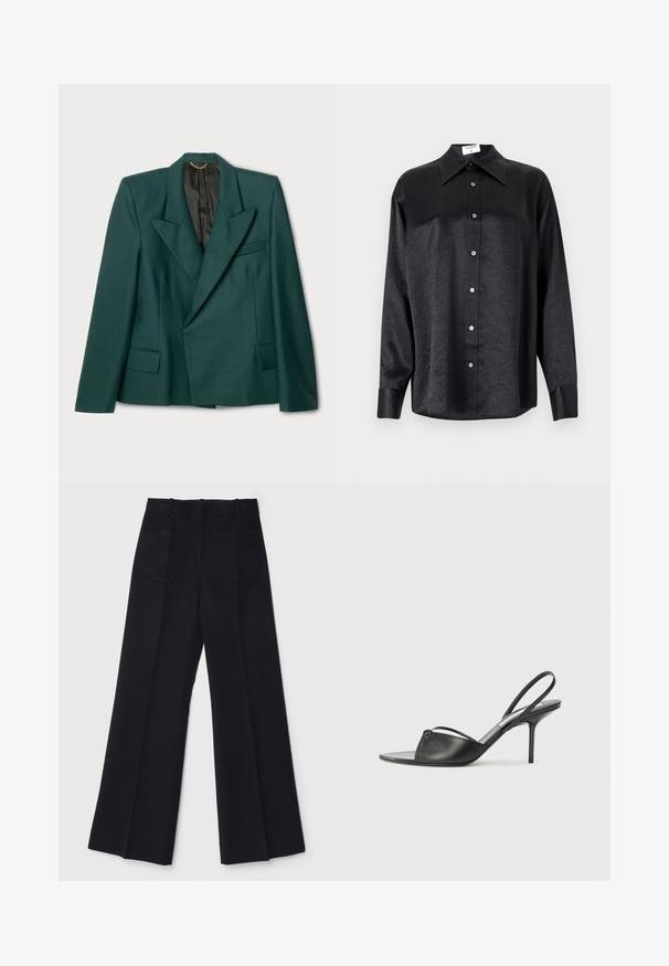 Vihreä bleiseri, joka on valmistettu teksturoidusta kankaasta ja siinä on rakenteellinen muotoilu. Ominaisuuksiin kuuluu viisto kaulus, kaksi etupokka sekä musta vuori.; Musta pitkähiha vaarallista paitaa, jossa on kauluspanta, ryppytynyt pinta, täysi napitus edessä ja hihansuut. Valmistettu sileästä kankaan.; Mustat leveälahkeiset housut, jotka on valmistettu sileästä kankaasta. Housuissa on korkea vyötärö, kaksi takataskua ja hillityt etupleegit muodon lisäämiseksi.; Mustat nahkaslingback-kengät, joissa on terävä kärki, ohut nilkkaremmi ja stiletto-korko. Yksityiskohtana on solmittu detali vampissä.