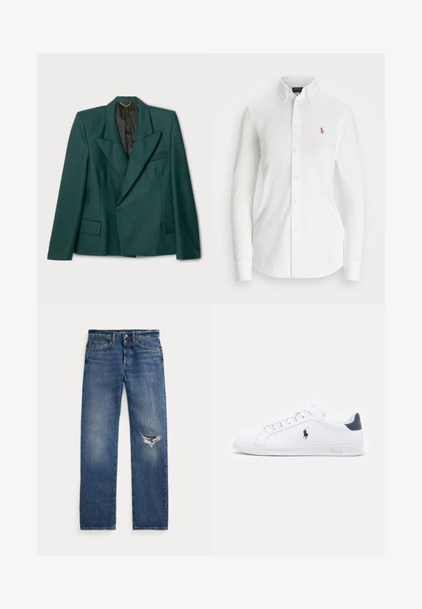 Zöld blézer texturált anyagból, strukturált dizájnnal. Lezser nyakkivágással, két elülső zsebbel és fekete béléssel rendelkezik.; Fehér, hosszú ujjas, gombos ing, hegyes gallérral, pamutból készült. Bal mellen egy kis hímzett logó található.; Kék farmernadrág közepes derékkal, öt zsebbel és egy kitépett részel a jobb térdnél.; Fehér bőr sportcipők sima felülettel, tengerészkék részletekkel és egy kis logóval az oldalukon. Lapos fűzőkkel és texturált gumi talppal rendelkezik.