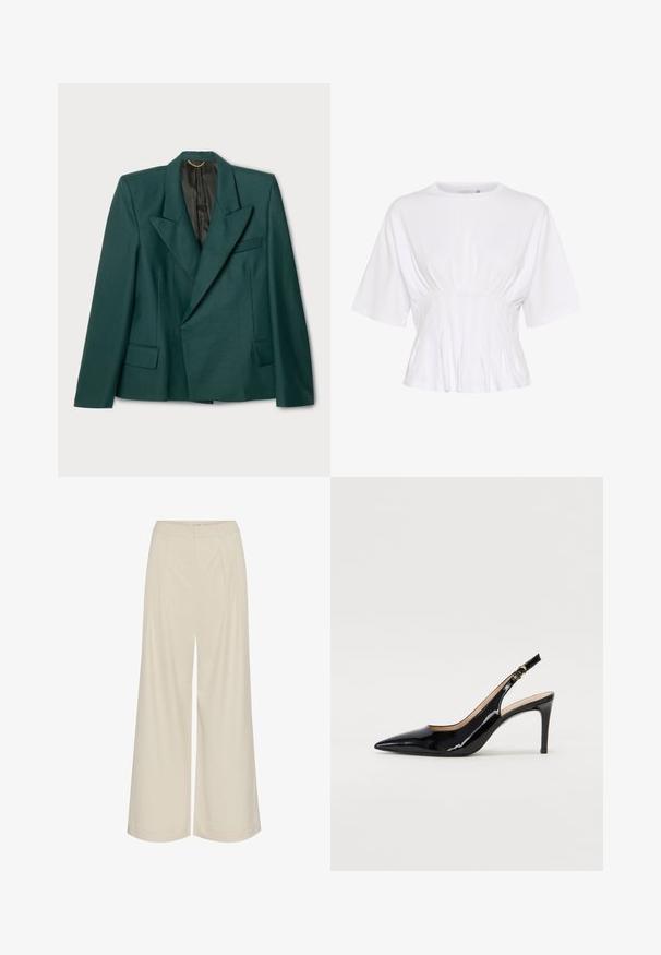 Blazer verde feito de um tecido texturizado com um design estruturado. Apresenta um colarinho em gota, dois bolsos frontais e um forro preto.; Top branco de manga curta feito de tecido suave, com um decote redondo e detalhes franzidos na cintura para um look ajustado.; Calças largas em tecido bege claro, com pregas, cintura alta e uma textura suave sem adornos visíveis.; Sandal com salto em verniz preto, bico fino, salto esguio e um design de recorte subtil. Apresenta uma fivela dourada na alça.