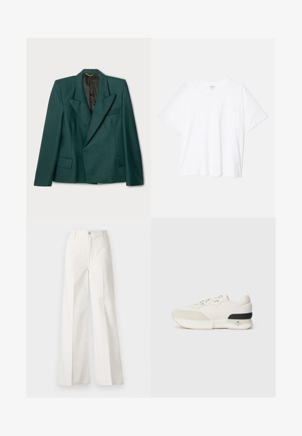Grön blazer i texturerad tyg med en strukturerad design. Har en notched lapel, två framfickor och en svart foder.; Vit bomull t-shirt med kort ärm, rund halsringning, avslappnad passform och söm i nederkant. Etikett synlig på insidan av halsen.; Vita vida-byxor gjorda av bomull med en slät textur. Har en framknapp, gylf med dragkedja och fyra fickor.; Vit sneakers med en texturerad mocka tåbox, slät meshovandel, dekorativa snören och en svart gummihälaccents.