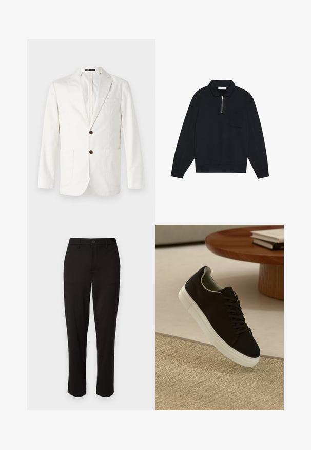 Helebeezi beez jakk, mis on valmistatud puuvillast, millel on nurgatu lapel, kaks esist taskut ja kaks pruuni nupsu sulgemiseks.; Pier One Pusa - black; Mustad mustad kerge kangaga püksid, sirge säärega, ees nupuga sulgemisega, vöökoha silmadega ja küljetaskutega.; Mustad musta tossuga valge tallaga, mis hõljub beeži tekstuuriga vaiba kohal, ümaral puidust laual, mille peal on kokku virnastatud raamatud.