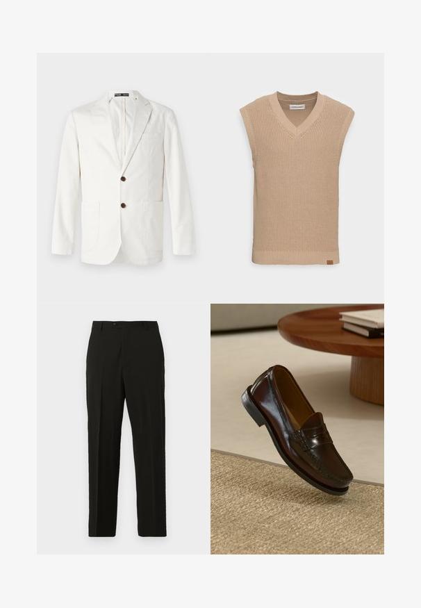 Világos bézs blézer, pamutból készült, kihajtott gallérral, két elülső zsebbel és két barna gombbal záródik.; Beige kötött ujjatlan pulóver, V-kivágással, bordázott textúrával és egy kis bőr logó címkével a bal alsó oldalon.; Fekete, pontosan szabott nadrág sima anyagból, egyenes vonalú fazonnal, gombos záródással és elülső pliszekkel a plusz struktúra érdekében.; Barna bőr loaferek fényes felülettel, az elején varrott részlettel és alacsony profilú fekete gumitalppal.