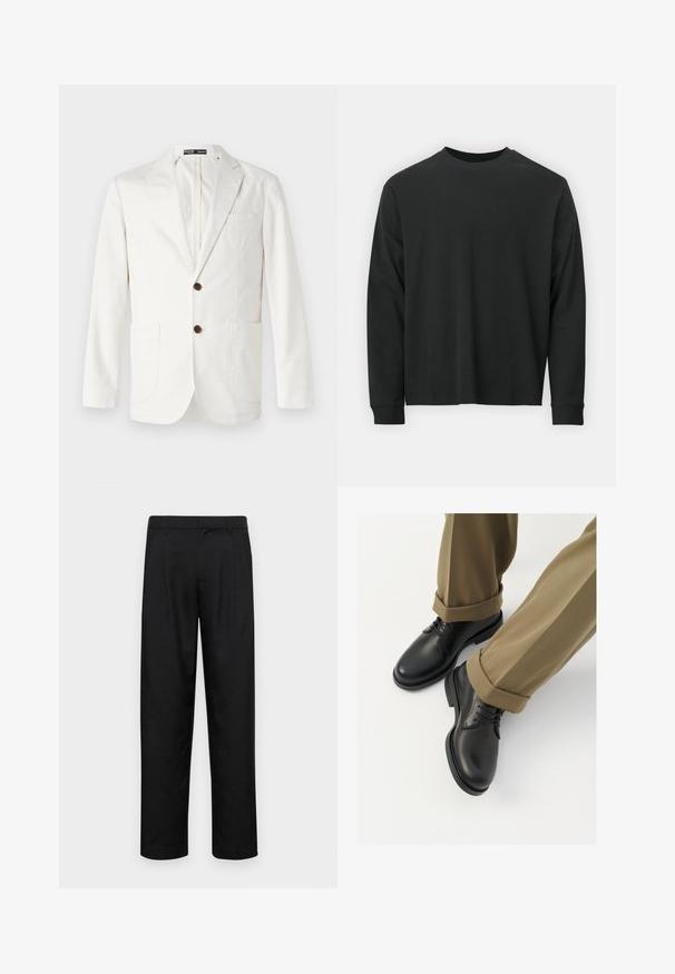 Helebeezi beez jakk, mis on valmistatud puuvillast, millel on nurgatu lapel, kaks esist taskut ja kaks pruuni nupsu sulgemiseks.; Pika pikkade varrukatega must T-särk, mis on valmistatud puuvillast, ümarate kaelustega, lohvaka lõikega ja soonikute mansettidega. Sujuv tekstuur, ilma nähtavate mustriteta.; Mustad mustadest riietest, millel on sirge jalgade disain, kaks eesmist voltimist ja tavaline vöökoht, millel on vöökohad.; Mustad mustad naha kingad, millel on sile viimistlus, sidemed ja ümar nina, on kombineeritud üleskeeratud khaki pükstega.