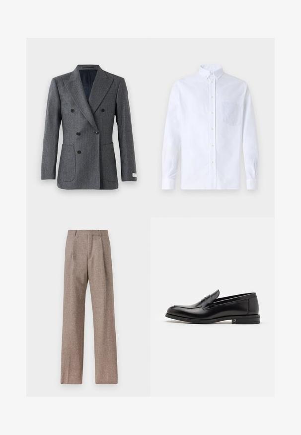 Dvojradový šedý blejzer s výkrojom, šesť čiernych gombíkov, dvoma prednými záplaty a čiernou podšívkou.; Biely dlhý rukáv košeľa s gombíkmi vyrobená z bavlny, s náprsného vrecka s tonálnou výšivkou, golierom a gombíkovými manžetami.; Hnedé, vysoké nohavice vyrobené z texturovanej látky. Majú široké nohavice a dva predné záhyby pre štruktúru. Úhľadné spracovanie bez viditeľného kovania.; Čierne kožené mokasíny s hladkou textúrou, zaoblenou špičkou a dekoračným pásikom cez priehlavok. Nízky vrstvený opätok, minimalistický dizajn.