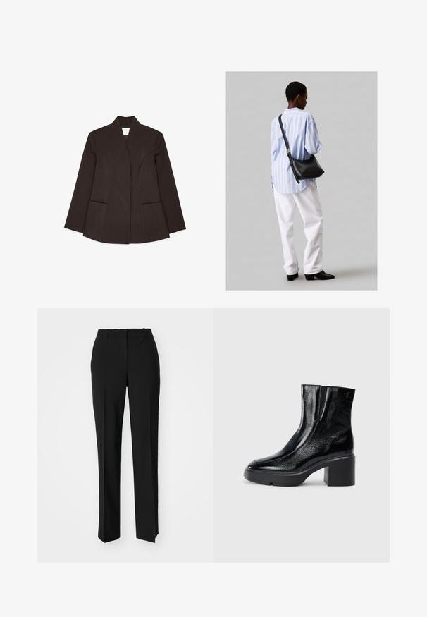 Rudas pritaikytas bleizeris su aukštu apykakle, ilgomis rankovėmis ir dviem priekinėmis kišenėmis. Išskirtiniam dizainui pasiruošta su išlenktais siūlais. Lygus paviršius.; Juodas medvilninis marškinėliai trumpomis rankovėmis, apykaklė, su mažu baltu "Calvin Klein" logotipu krūtinėje. Lygus paviršius, klasikinis siluetas.; Juodi pritaikyti kelnių modeliai su tiesiomis kojomis, pasižyminčios lygiomis tekstūromis ir ryškiomis klostėmis priekyje. Nėra matomų detalių.; Juodi lakiniai auliniai batai iki kulkšnies, su išlenktu pirštu, elastinėmis šoninėmis panelėmis ir masyviu blokuotu kulnu. Apdailoje užpakalinėje dalyje įspaustas logotipas.; Juodas odinis petinis krepšys su minkšta tekstūra, trikampiu pavidalu ir reguliuojama juosta, derinamas su šviesiai mėlynu dryžuotu marškinėliu ir baltais džinsais.