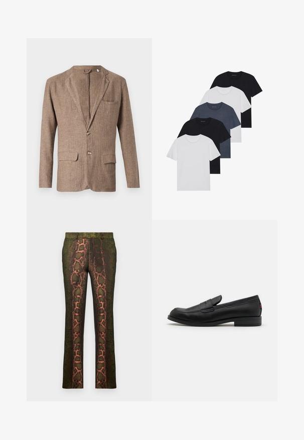 Bruine linnen blazer met een aangeknipte revers, twee voorzakken, één borstzak en een sluiting met één knoop, met een gestructureerde afwerking.; Set van vijf t-shirts in zwart, wit en marineblauw. Katoenen stof, korte mouwen, ronde halsontwerp en een effen textuur zonder patronen.; Groene broek met een slangenprintdesign in bruin en oranje tinten, rechte snit en een gladde textuur.; Zwarte leren instappers met een gladde afwerking, ronde neus en een kleine decoratieve flap. Heeft een lage gestapelde hak en een subtiel merkteken.